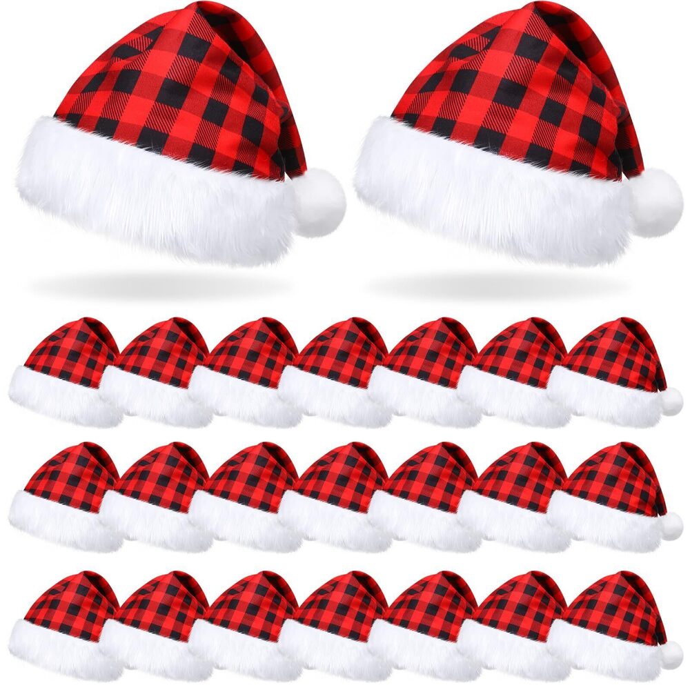 5904 24 Pieces Santa Hat Christmas Santa Hat Plaid Christmas headdress